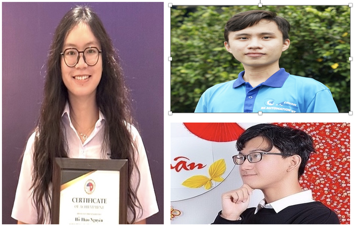Ba sinh viên xuất sắc tốt nghiệp đợt tháng 11-2023 được Trường đại học Bách khoa (Đại học Quốc gia TP.HCM) trao tặng cúp toàn năng: Hồ Thảo Nguyên, Trương Công Thành (áo xanh) và Nguyễn Hoàng Trung - Ảnh: NHƯ QUỲNH